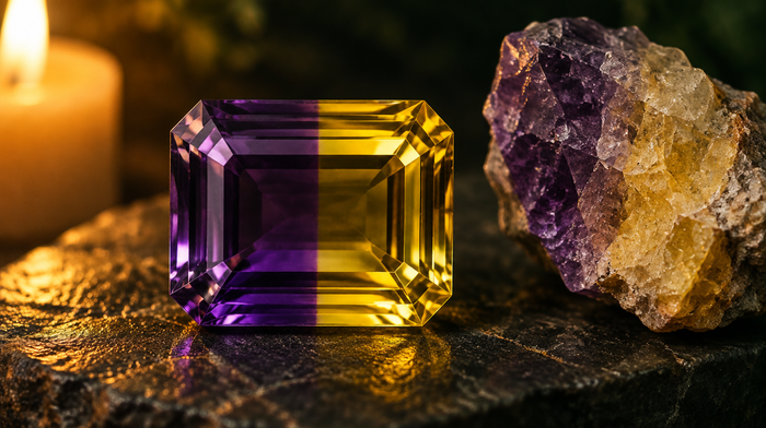 Ametrin: facettierter Stein im Smaragdschliff, eine Hälfte violett, eine goldgelb, mit scharfer Farbgrenze, daneben ein zweifarbiger Rohkristall