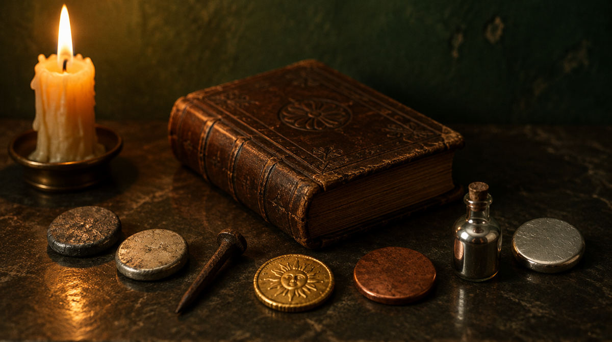 Altes Lederbuch auf dunklem Stein, davor die sieben Planetenmetalle Blei, Zinn, Eisen, Gold, Kupfer, Quecksilber und Silber im Kerzenlicht