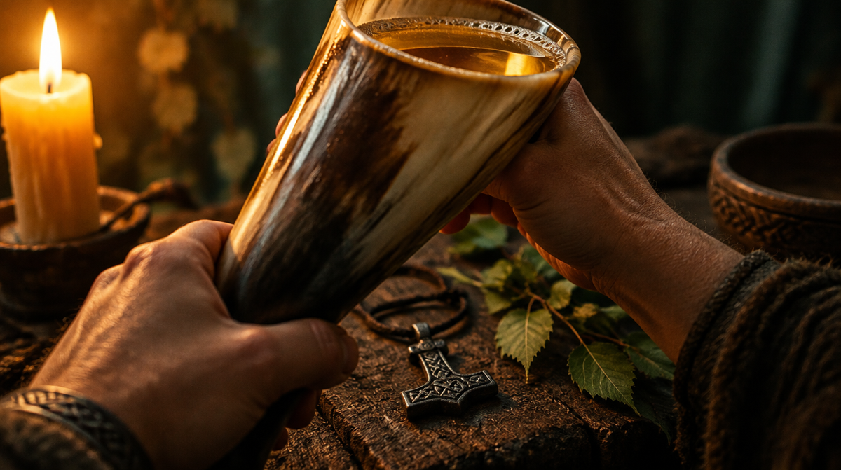 Hände heben ein Trinkhorn mit Met über einem Holzaltar mit Thorshammer-Anhänger und Birkenzweig – ein Blót im Ásatrú