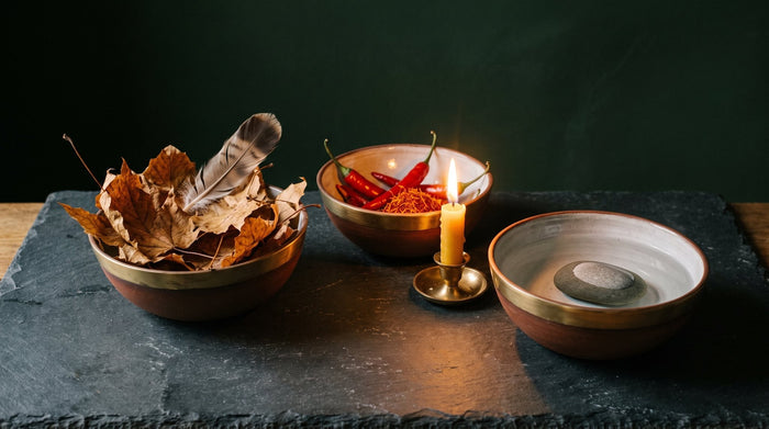 Drei Schalen auf Schiefer mit trockenem Laub, roter Chili und Wasser mit Stein – Sinnbild für Vata, Pitta und Kapha in der Ayurveda-Psychologie