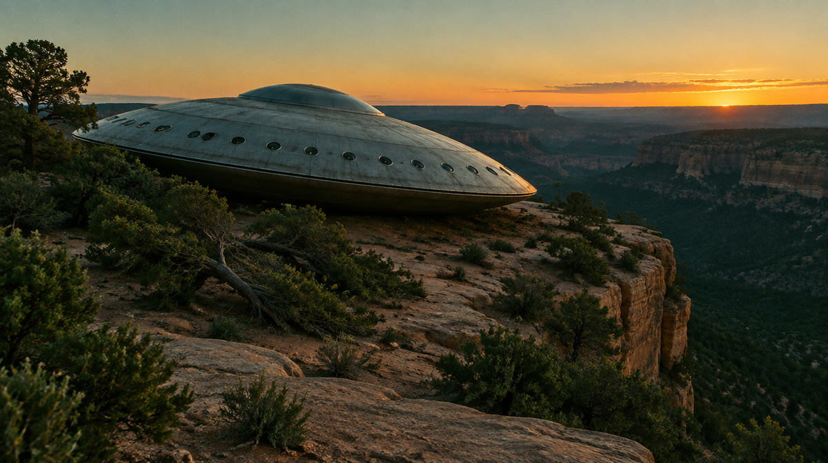 Matt-silberne Flugscheibe mit flacher Kuppel und Bullaugen liegt leicht geneigt auf einer Wüsten-Mesa zwischen Pinien und Wacholder in New Mexico, im Morgengrauen