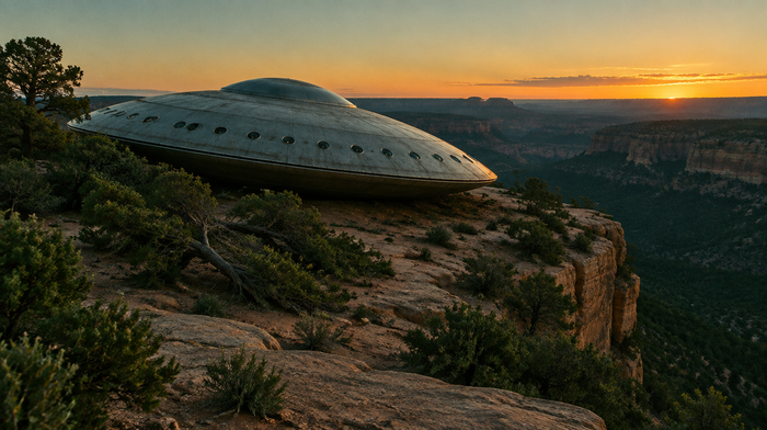 Matt-silberne Flugscheibe mit flacher Kuppel und Bullaugen liegt leicht geneigt auf einer Wüsten-Mesa zwischen Pinien und Wacholder in New Mexico, im Morgengrauen