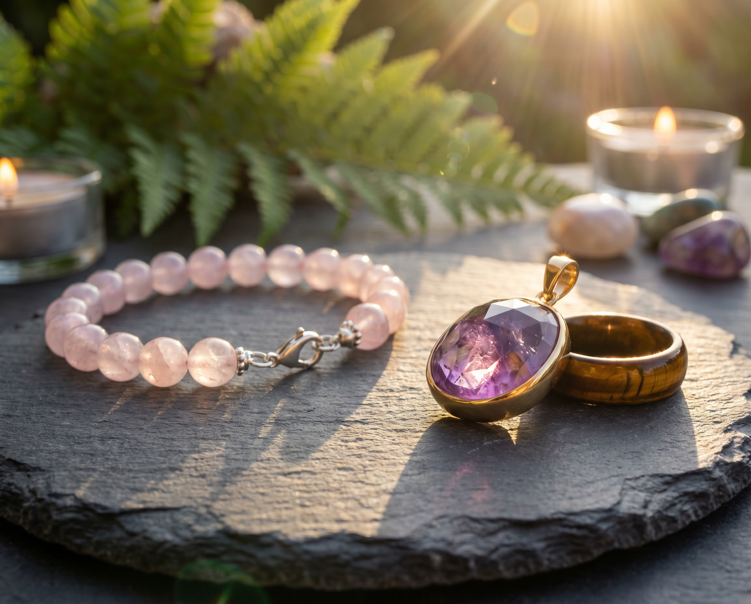 Edelsteinschmuck Wirkung – Amethyst-Anhänger, Rosenquarz-Armband und Tigerauge-Ring auf Naturstein im goldenen Sonnenlicht