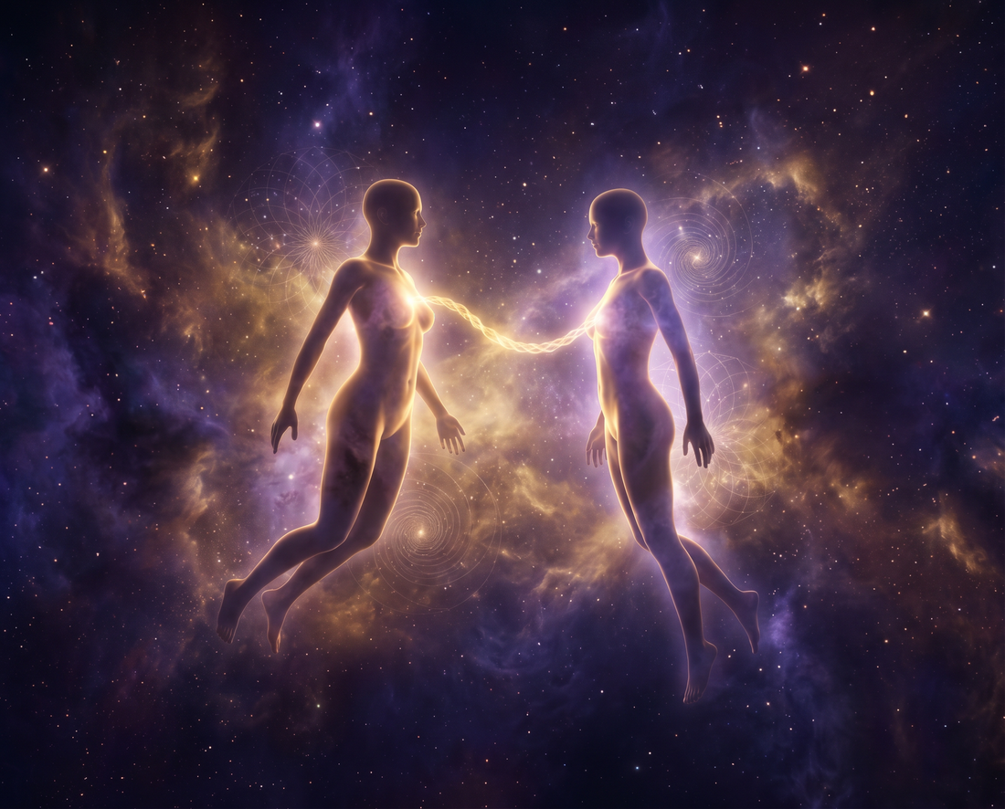 Twinflame Bedeutung – Zwei Seelen verbunden durch goldene Energie im kosmischen Raum, spirituelle Zwillingsflammen-Verbindung