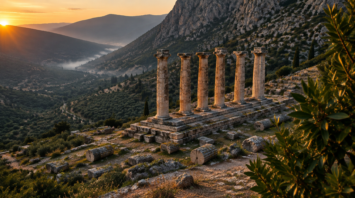 Säulen des Apollontempels von Delphi am Hang des Parnass im Abendlicht, darunter das Olivental