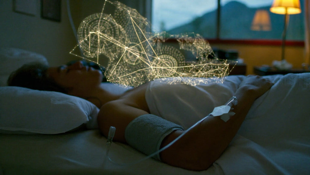 Ein Proband liegt mit geschlossenen Augen im Klinikbett, am Unterarm eine Infusion, am Oberarm eine Blutdruckmanschette; über seinem Gesicht schweben leuchtende geometrische Lichtmuster, im Fenster dahinter Wüstenberge zur blauen Stunde