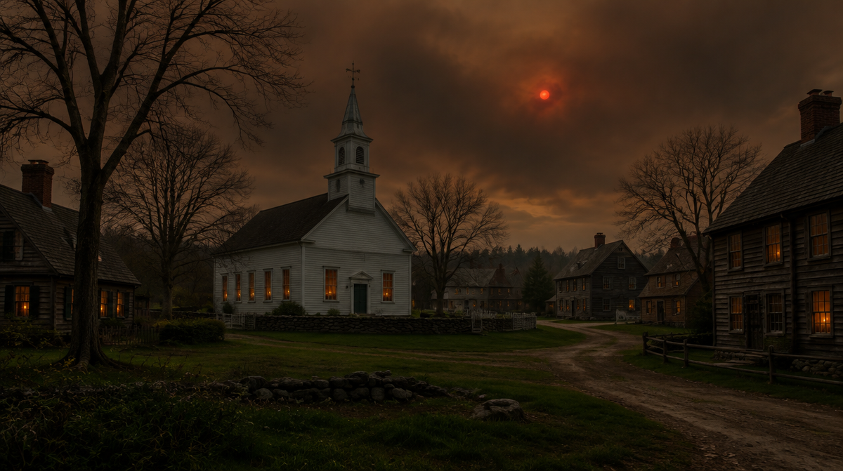 Ein Dorf in Neuengland im 18. Jahrhundert mitten am Tag unter einem rauchbraun verfinsterten Himmel: weißes Versammlungshaus mit Turm, Holzhäuser mit Kerzenlicht in den Fenstern, die Sonne nur eine matte rote Scheibe