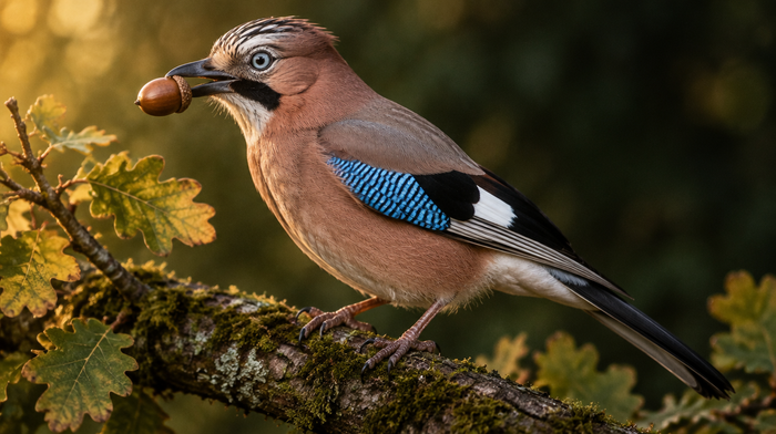 Eichelhäher mit blauem Flügelfleck hält eine Eichel im Schnabel auf einem bemoosten Eichenast