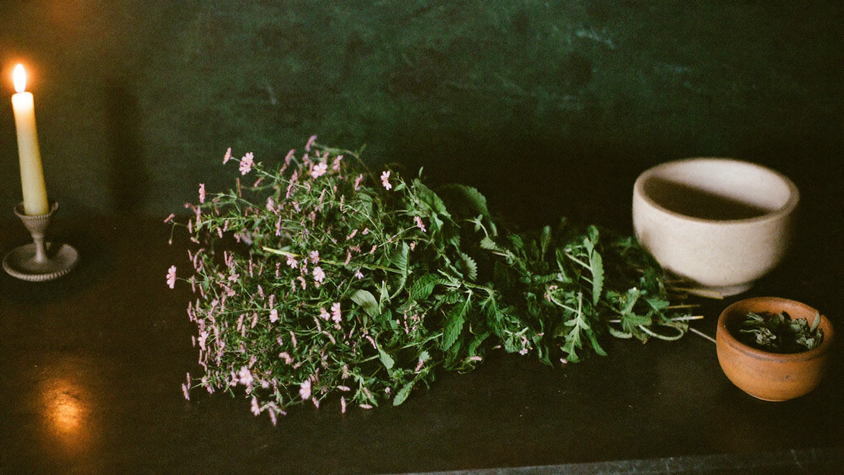 Frischer Bund Eisenkraut mit kleinen rosa Blüten neben einem Steinmörser und einer Tonschale mit getrockneten Blättern im Kerzenlicht vor dunkelgrüner Wand