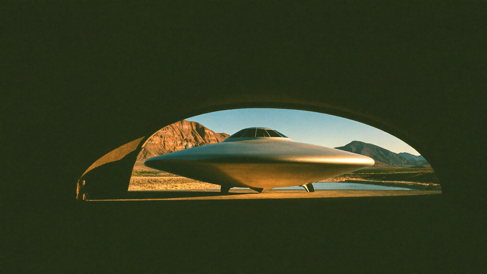 Eine silberne fliegende Untertasse steht in einem dunklen, in den Fels gebauten Hangar; durch das halb offene Tor sieht man Wüstenberge und einen ausgetrockneten See zur blauen Stunde