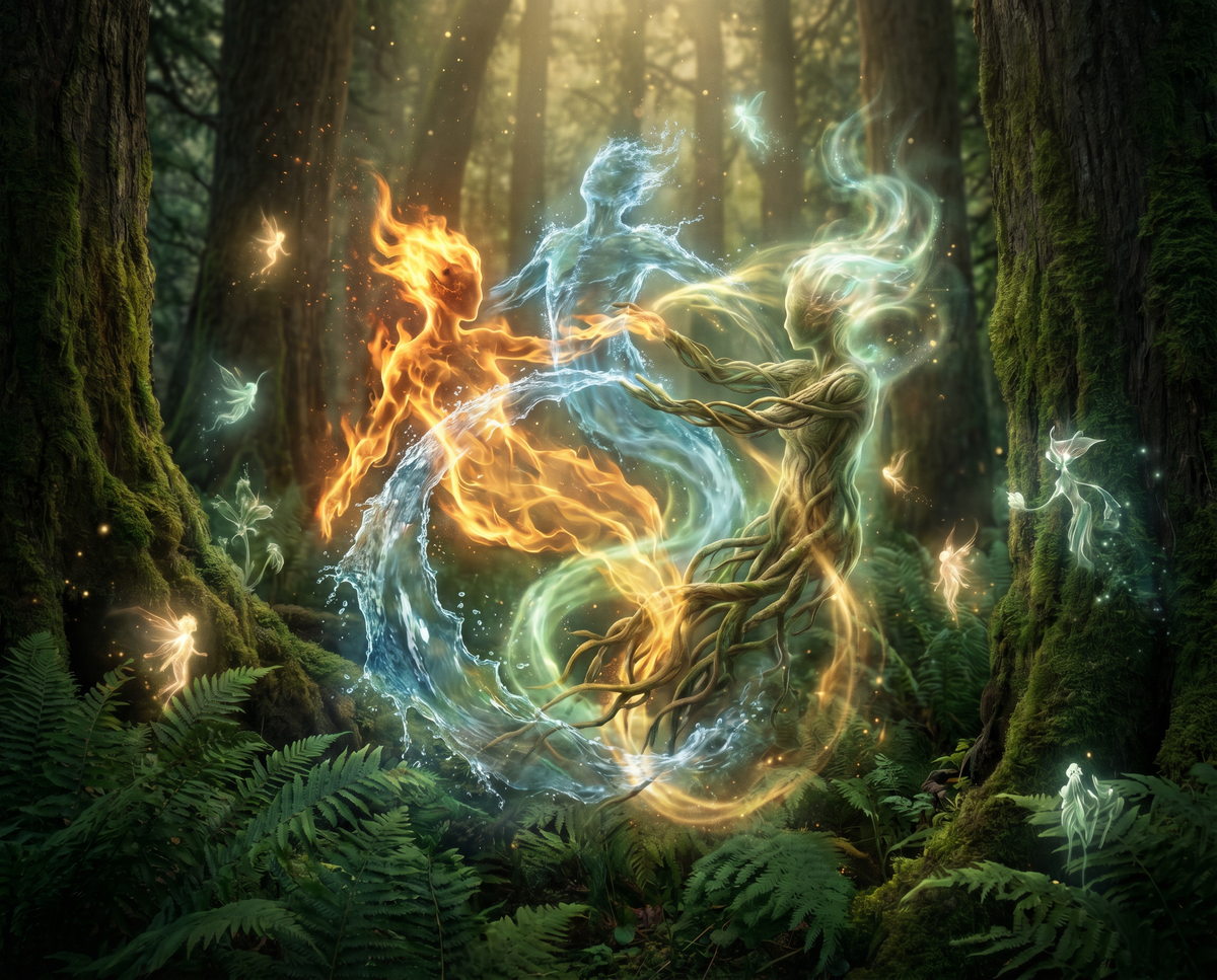 Elementarwesen spirituell – Feuer, Wasser, Erde und Luft Geister im Wald