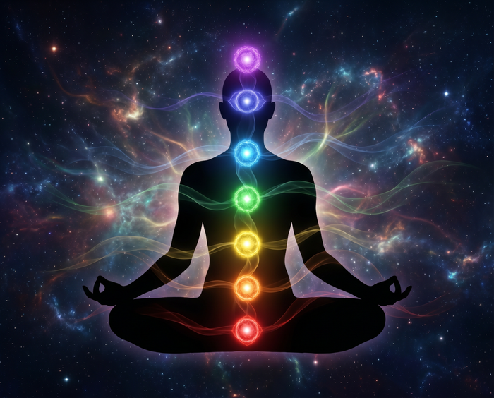 Energiearbeit Chakren – meditierende Silhouette mit sieben leuchtenden Chakra-Zentren