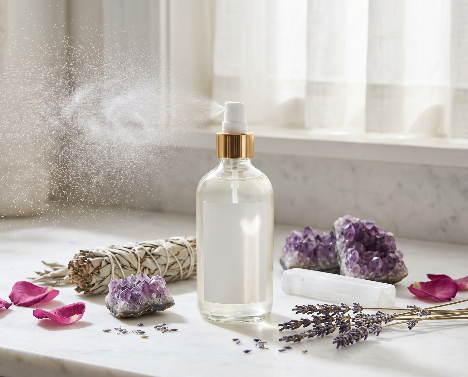 Energiespray Raumreinigung spirituell – Glasflasche mit Salbei und Amethyst