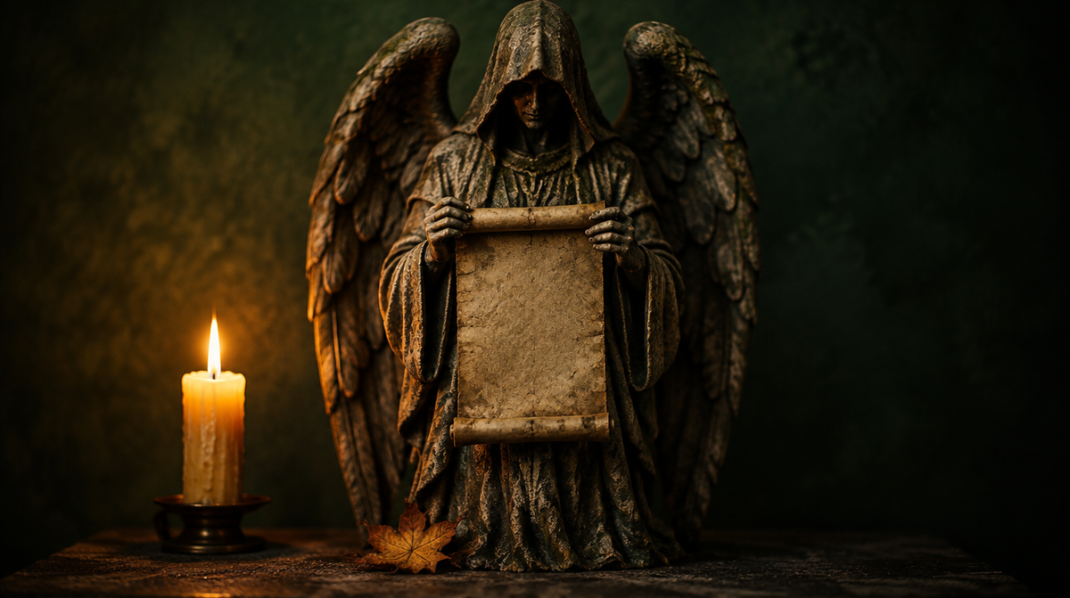 Steinstatue des Todesengels Azrael mit Kapuze und gefalteten Flügeln, in den Händen eine Schriftrolle, davor ein Herbstblatt und eine brennende Kerze