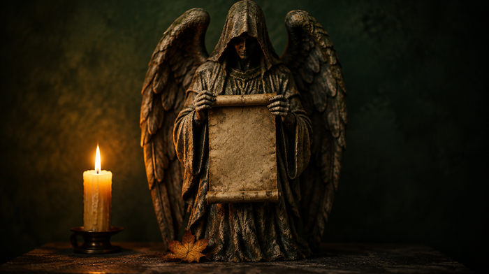 Steinstatue des Todesengels Azrael mit Kapuze und gefalteten Flügeln, in den Händen eine Schriftrolle, davor ein Herbstblatt und eine brennende Kerze