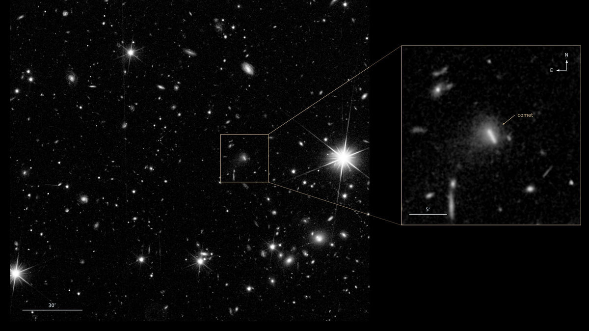 Euclid-Aufnahme vom 20. September 2026: Sternfeld im Euclid Deep Field North mit Ausschnittvergrößerung des neu entdeckten Kometen C/2026 S1 (Euclid). Bild: ESA/Euclid/Euclid Consortium/NASA, M. Pöntinen et al. 2026, CC BY-SA 3.0 IGO (Ausschnitt)