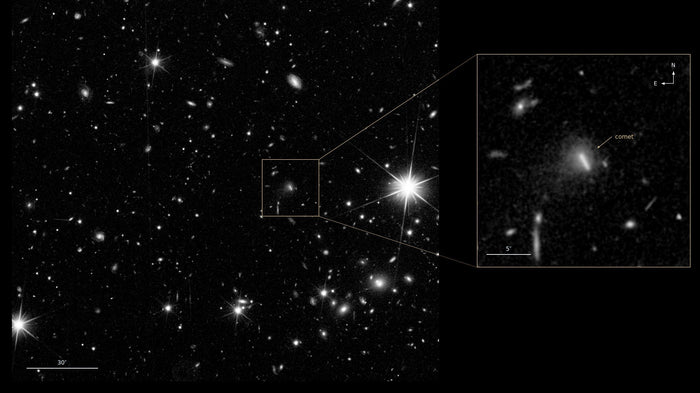 Euclid-Aufnahme vom 20. September 2026: Sternfeld im Euclid Deep Field North mit Ausschnittvergrößerung des neu entdeckten Kometen C/2026 S1 (Euclid). Bild: ESA/Euclid/Euclid Consortium/NASA, M. Pöntinen et al. 2026, CC BY-SA 3.0 IGO (Ausschnitt)