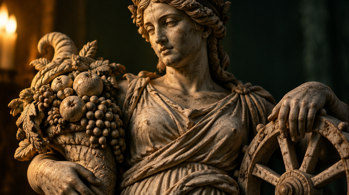Antike Marmorstatue der Göttin Fortuna mit Füllhorn voller Früchte im Arm und der Hand auf einem Speichenrad, im Kerzenlicht