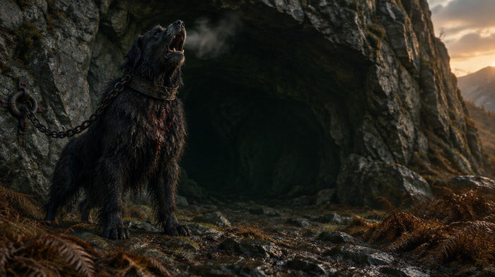 Großer schwarzer Hund mit Eisenkette und blutiger Brust heult in der Dämmerung vor einer dunklen Felshöhle
