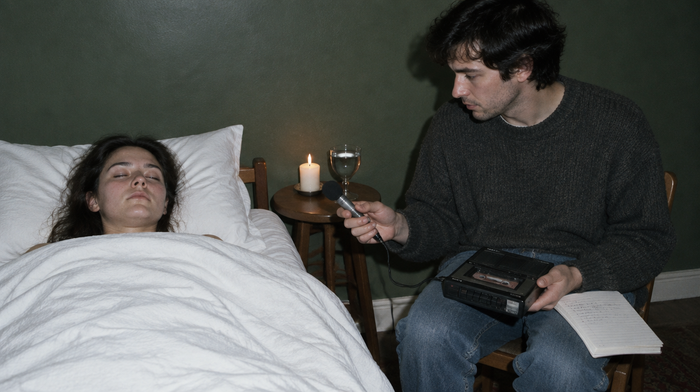 Channeling-Sitzung wie beim Ra-Material: eine Frau liegt mit geschlossenen Augen im Bett, ein Mann hält ihr ein Mikrofon hin und zeichnet mit einem Kassettenrekorder auf, daneben Kerze und Wasserkelch