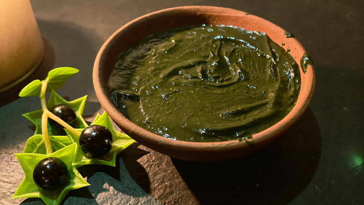 Flache Tonschale mit dunkelgrüner Kräutersalbe auf Schiefer, daneben ein Nachtschattenzweig mit glänzend schwarzen Beeren