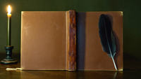 Ein altes ledergebundenes Buch mit glattem Einband liegt aufgeschlagen auf einer dunklen Steinfläche, daneben eine schwarze Rabenfeder und eine brennende Kerze vor dunkelgrüner Wand.
