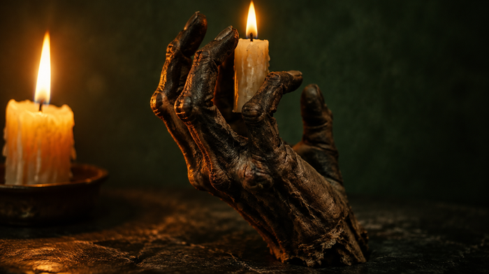 Mumifizierte, dunkel verfärbte Hand mit gekrümmten Fingern, zwischen denen eine brennende Talgkerze steckt – die Hand des Ruhmes im Kerzenlicht