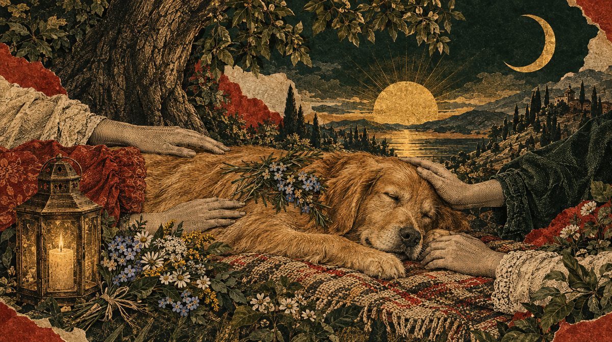 Handkolorierte Kupferstich-Collage: Ein Golden Retriever liegt wie schlafend auf einer Decke im Garten, mehrere Hände ruhen auf seinem Fell, daneben Laterne und Vergissmeinnicht – Titelbild zum Abschied vom Haustier