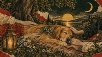 Handkolorierte Kupferstich-Collage: Ein Golden Retriever liegt wie schlafend auf einer Decke im Garten, mehrere Hände ruhen auf seinem Fell, daneben Laterne und Vergissmeinnicht – Titelbild zum Abschied vom Haustier