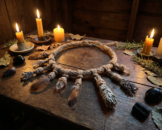Hexenknoten Bedeutung – Ritualkordel mit neun Knoten, Federn und Kristallen