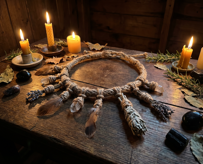 Hexenknoten Bedeutung – Ritualkordel mit neun Knoten, Federn und Kristallen