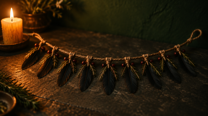 Hexenleiter aus Naturschnur mit neun Knoten, schwarzen Federn, Rosmarin und roten Perlen auf dunklem Stein neben einer Kerze