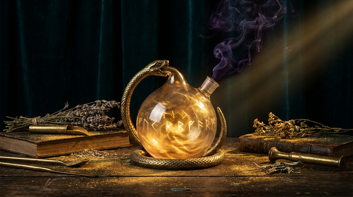 Alchemistisches Glasgefäß mit glühendem Gold und goldenem Ouroboros – Symbol der spirituellen Wandlung