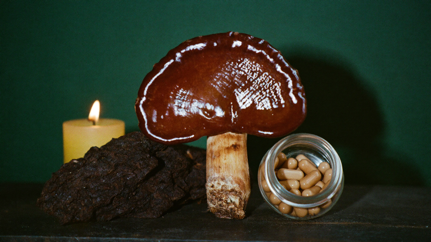 Glänzender Reishi-Pilz, ein Stück Chaga und ein Glas mit Vitalpilz-Kapseln bei Kerzenlicht vor dunkelgrüner Wand