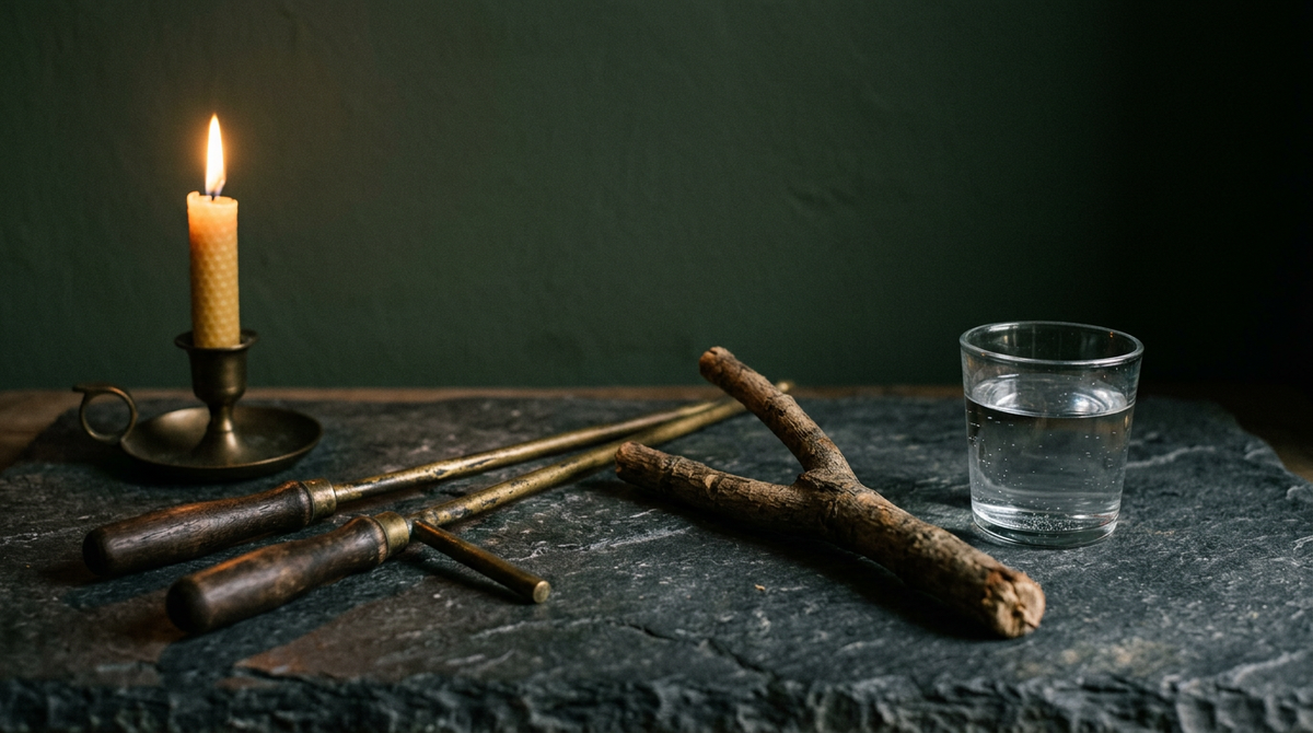 Zwei Messing-Winkelruten und eine gegabelte Haselrute auf dunklem Stein, daneben ein Glas Wasser, links eine brennende Bienenwachskerze vor dunkelgrüner Wand
