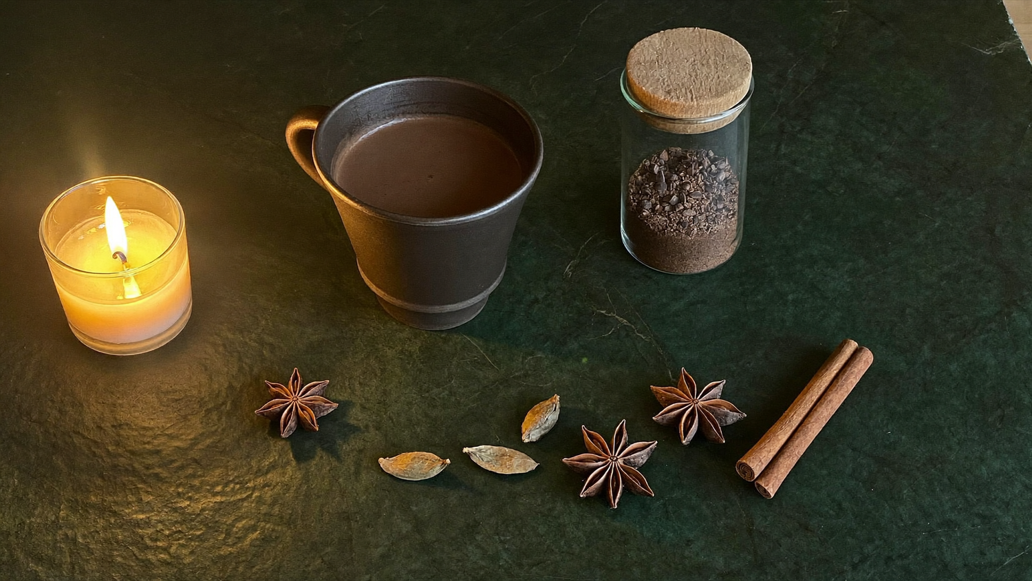 Tasse heißer Kakao, ein Glas gemahlene Gewürze, Sternanis, Kardamom und Zimtstange neben einer brennenden Kerze auf dunklem Stein