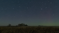 Sternenhimmel über einer flachen norddeutschen Feldlandschaft, am Horizont nur ein sehr schwacher grünlicher Schimmer