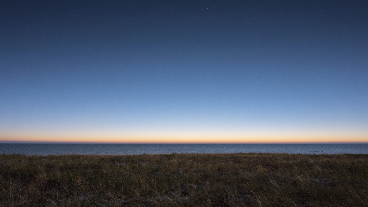 Ostseeküste in der Morgendämmerung mit Dünengras, ruhiger See und klarem, leerem Himmel ohne Polarlicht – KI-Illustration