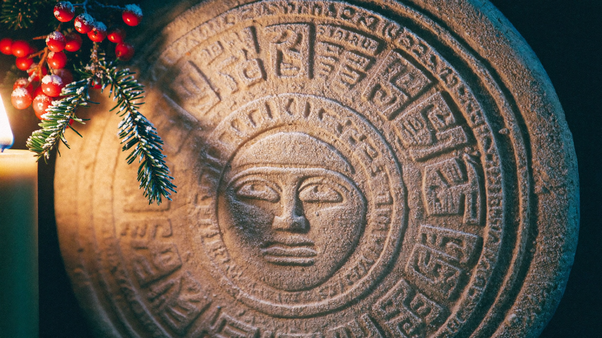 Bereifter Maya-Kalenderstein mit Tannenzweig und Stechpalme im Kerzenlicht – Portaltage Dezember 2027
