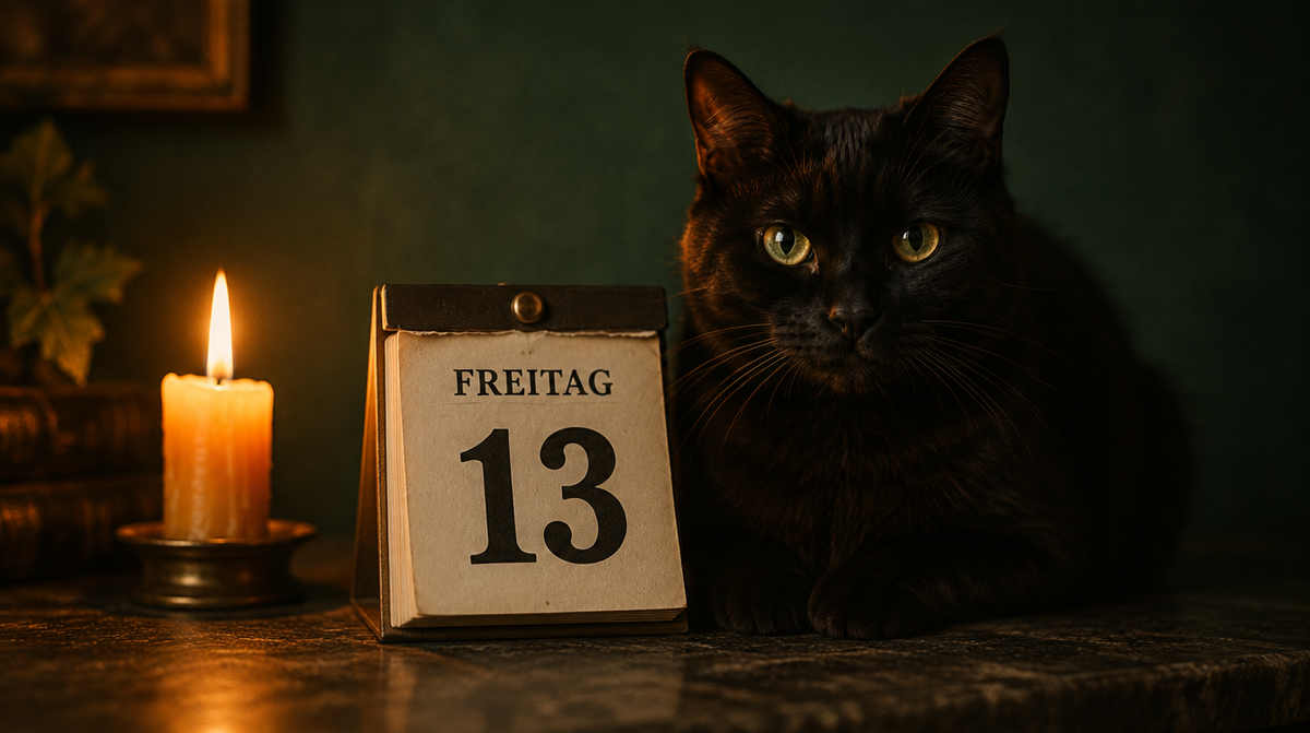 Abreißkalender mit der Aufschrift Freitag 13, daneben eine schwarze Katze und eine brennende Kerze