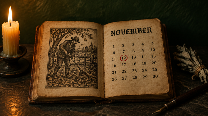 Aufgeschlagener alter Bauernkalender mit der Seite November, die 12 ist rot eingekreist, daneben Kerze und Räucherbündel