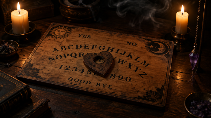 Altes Hexenbrett aus Holz mit herzförmiger Planchette im Kerzenlicht, daneben ein Amethyst-Pendel und Rauch auf einem dunklen Holztisch