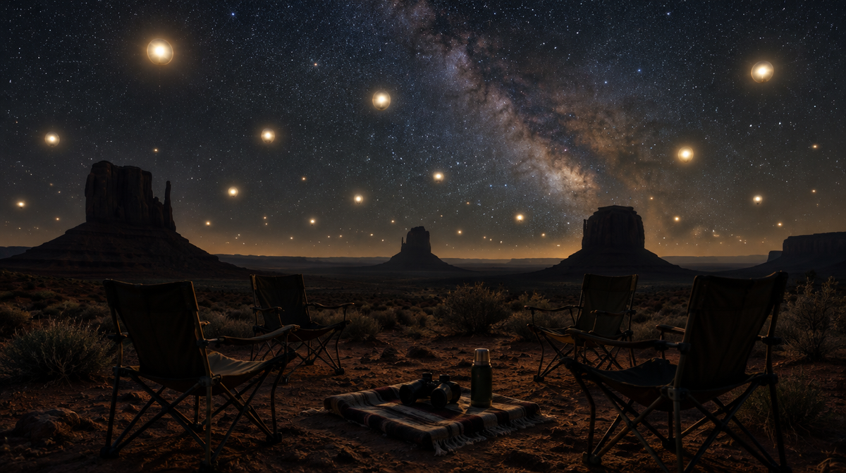 Nächtliche Wüste mit leeren Campingstühlen und einer Decke mit Fernglas, darüber ein Sternenhimmel voller leuchtender Lichtkugeln