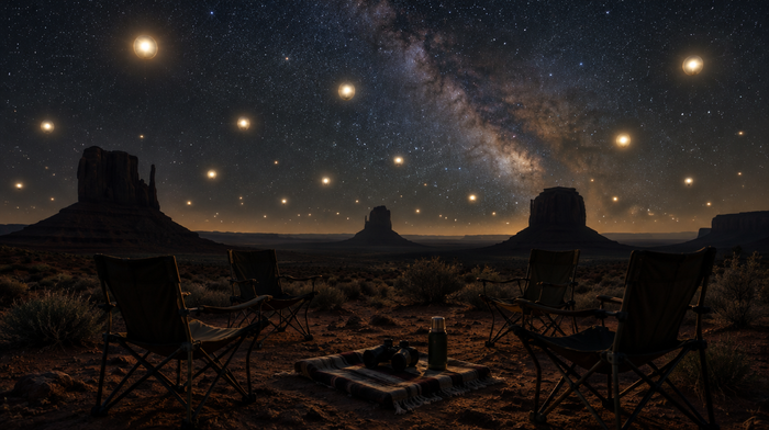 Nächtliche Wüste mit leeren Campingstühlen und einer Decke mit Fernglas, darüber ein Sternenhimmel voller leuchtender Lichtkugeln