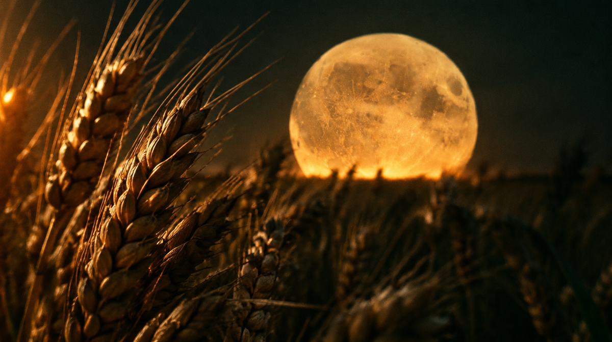 Großer goldener Vollmond geht über reifen Weizenähren auf, Kerzenlicht von links – Vollmond 17. August 2027