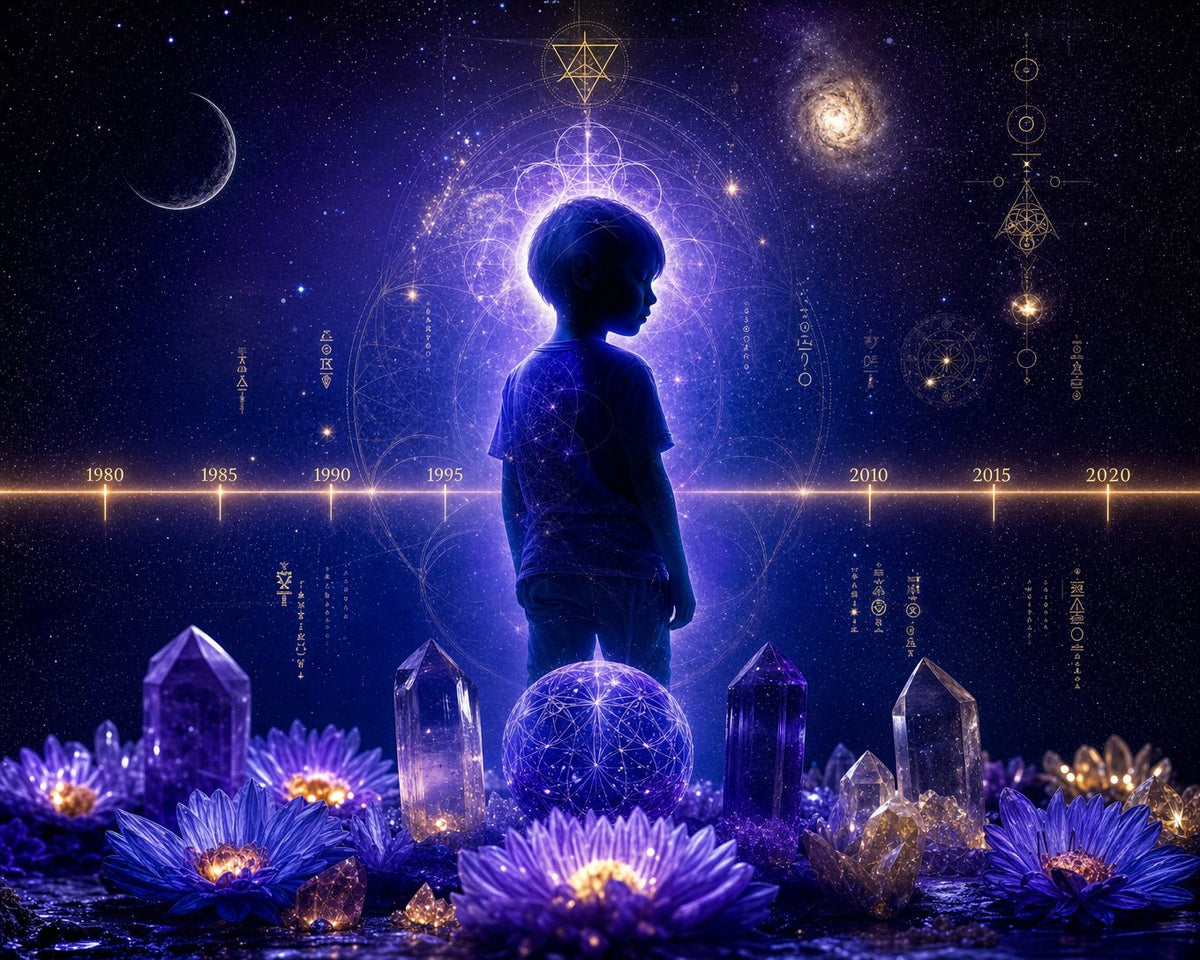 Indigo-Kind Geburtsjahr: Leuchtende Kindsilhouette mit indigo-violetter Aura, Zeitstrahl mit Jahreszahlen, Amethyst-Kristallen und heiliger Geometrie im Kosmos