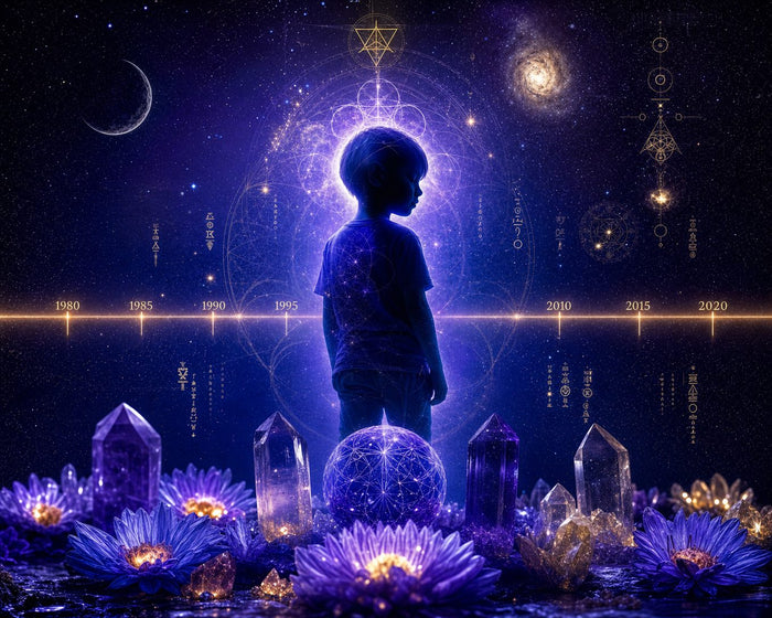 Indigo-Kind Geburtsjahr: Leuchtende Kindsilhouette mit indigo-violetter Aura, Zeitstrahl mit Jahreszahlen, Amethyst-Kristallen und heiliger Geometrie im Kosmos
