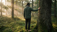 Mann mit Augenbinde steht barfuß im Wald und berührt eine Eiche – Intuition trainieren in der Natur
