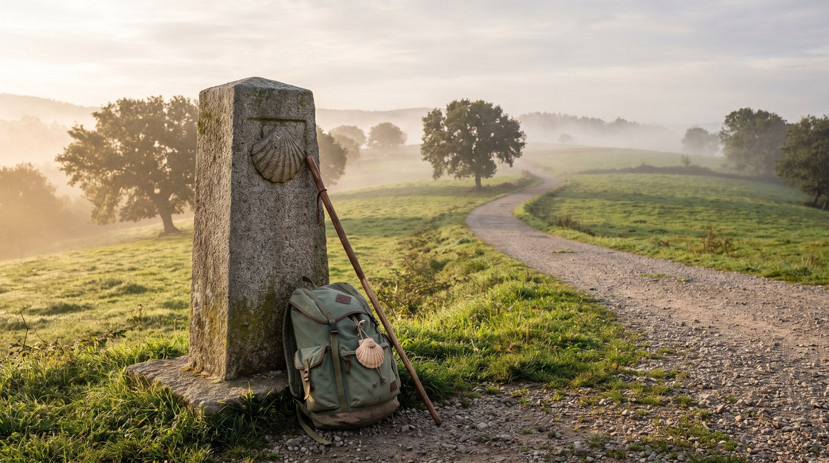 Steinerner Wegstein mit Jakobsmuschel an einem Schotterweg im Morgennebel, daran lehnen Rucksack und Pilgerstab – KI-Illustration zum Jakobsweg-Rekord 2026
