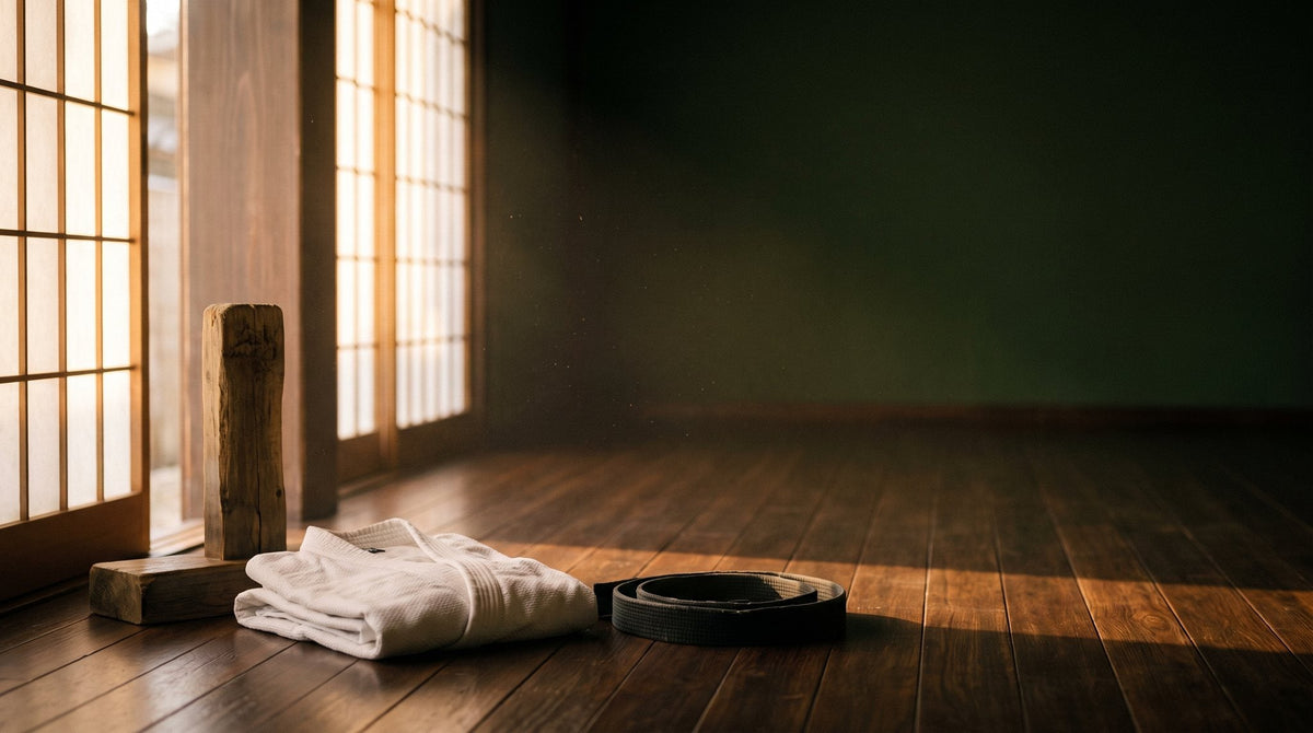 Gefalteter weißer Kampfkunstanzug mit schwarzem Gürtel und Holzpfosten im Dojo bei Morgenlicht – der Weg „Do“ in den Kampfkünsten